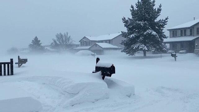 Snowy residential street with mailboxes covered in snow during blizzard