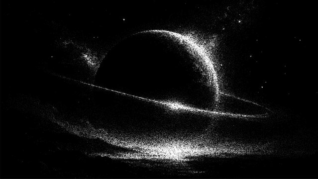 Graining planet with ring in stipple vector background. Abstract cosmic graphic for science and technology design.
