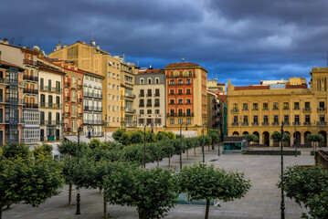 Fototapeta premium Historic Plaza del Castillo in Pamplona, Spain famous for running of the bulls
