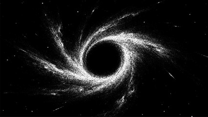 Abstract stipple dot black hole illustration. Swirling cosmic vortex graphic with white particles on dark background. Artistic space concept. © hiten666