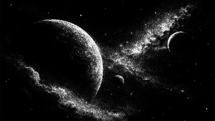 Cosmic planets and galaxy depicted on a stylish stipple illustration of outer space. Abstract vector celestial background for various design projects. © hiten666