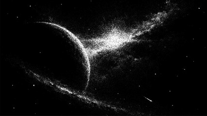 Distorted celestial body with rings and bright nebula in stipple art. Abstract space background design for science fiction projects. © hiten666