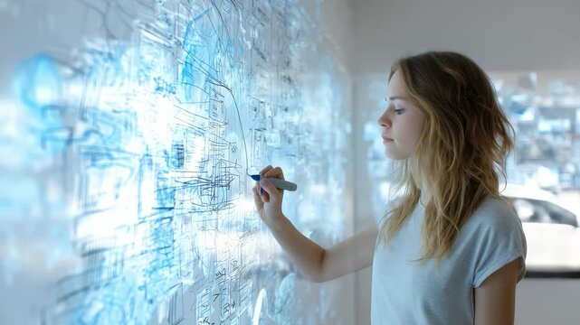 A focused female professional uses a transparent smart board to design advanced digital schematics. The scene highlights innovation, digital transformation, and the future of interactive technology