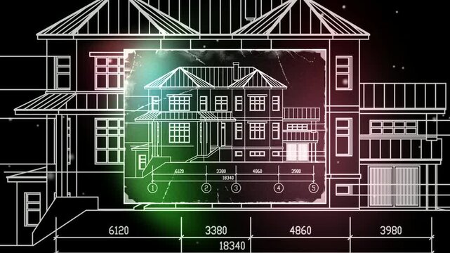 Video animation. Architectural engineering construction drawing of private residential building. 
Animated motion effect. Industrial design
on sheet of paper. Blueprint of multistory suburban cottage.
