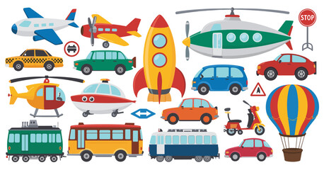 Collection of cartoon vehicles including airplanes helicopters cars buses and a rocket © Maru