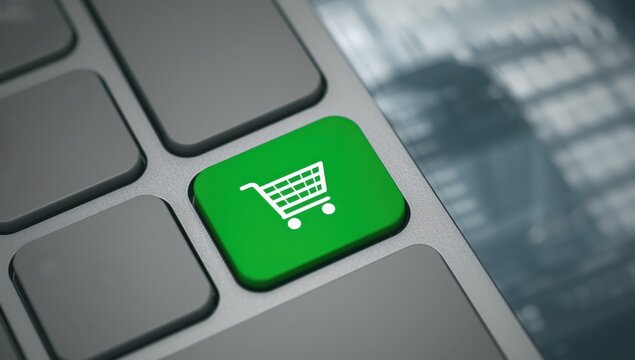 Online shop. Top view of green shopping cart button on keyboard