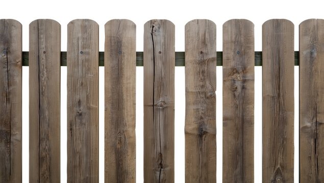 Old, parallel-plank brown wooden fence on a white background, cut out