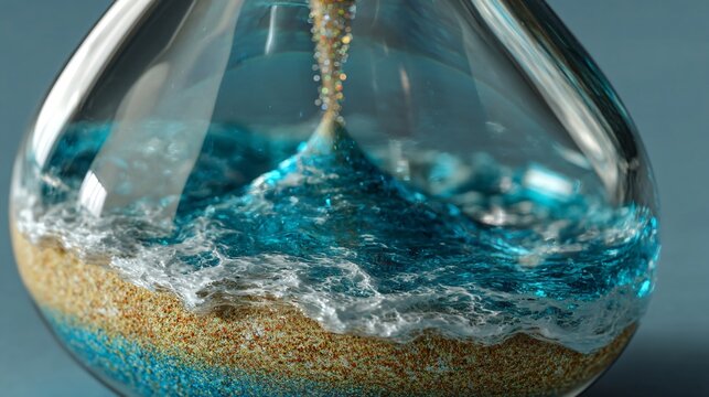 Time's Coastal Journey: An artistic hourglass captures the flow of time, with sand transforming into ocean waves, merging the concepts of temporal passage and the sea's unending motion.
