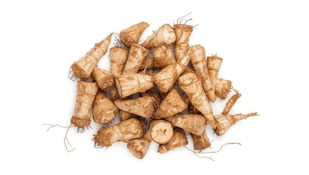 Overhead perspective of dried chicory root pieces on a white backdrop