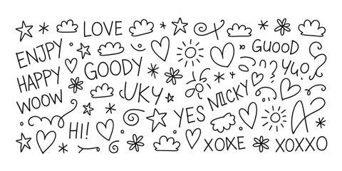 Fototapeta premium Hand Drawn Doodle Words and Symbols on a White Background lettering