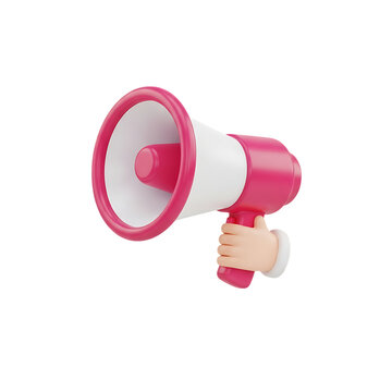 Cartoon hand holding a pink and white megaphone announcing something important on a transparent background transparent background