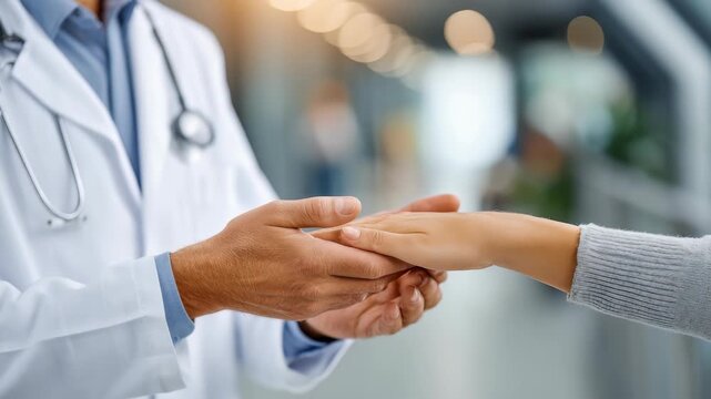 Closeup of a physician providing reassurance by holding a patient's hand, symbolizing empathy and care. The scene highlights the importance of human connection in contemporary healthcare settings