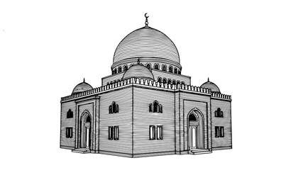 Obraz premium Vintage Style Line Engraving Vector of Al Bakiriya Mosque from 1990 Yemen Currency Isolated on White