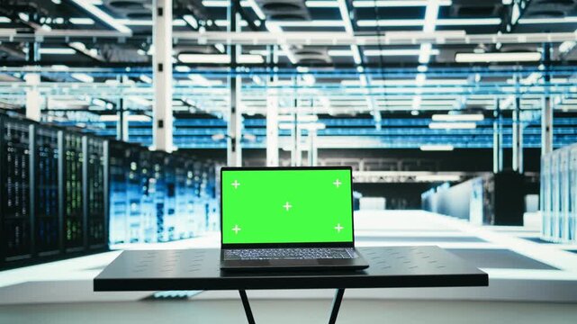 Isolated screen laptop in data center and augmented reality virtualization managing database storage rackmounts. Mockup notebook used for creating digital twin scan of cloud computing server farm
