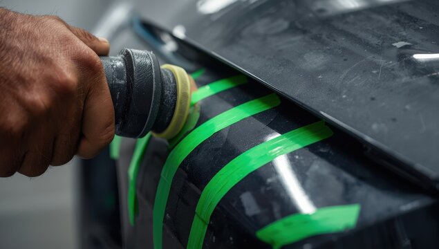 Person using a sander on a car bumper, enhancing its appearance with green tape