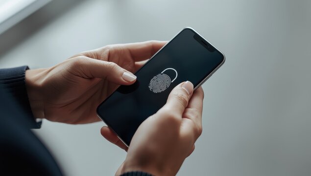 Person's hands holding a phone displaying a fingerprint scanning app