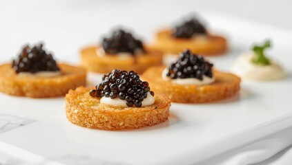 Potato pancakes with caviar and sauce against a white backdrop