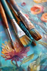 Obraz premium Education training class. Knowledge learning improvement study. A closeup of three paintbrushes on a vibrant, colorful canvas with a detailed painting of flowers and leaves.