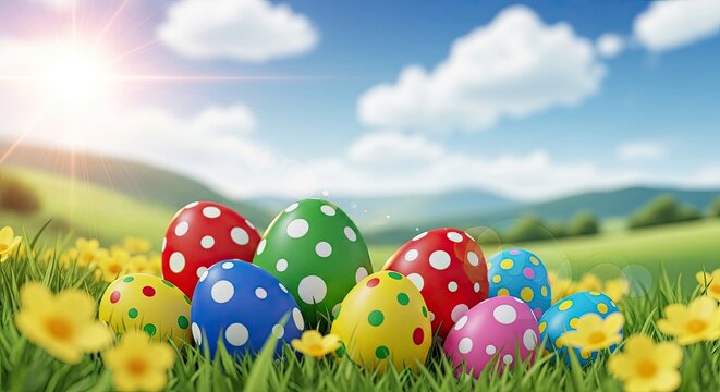 Happy easter monday celebration with colorful eggs and flowers in a beautiful meadow