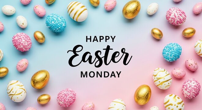 Happy easter monday wishes with colorful easter eggs and candy