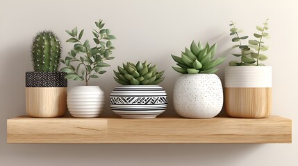 A diverse collection of potted succulent plants and a cactus are neatly arranged on a wooden shelf against a neutral colored wall setting.