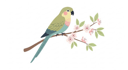 Colorful parrot perched on a blooming cherry blossom branch with green leaves and pink flowers isolated on white background