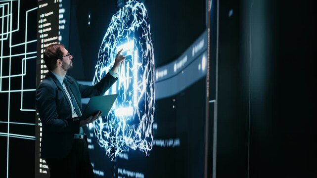 Technician looks at AI self writing code on large display interface, digital autonomy concept. IT specialist reviewing self sustaining artificial intelligence model on interactive digital wall