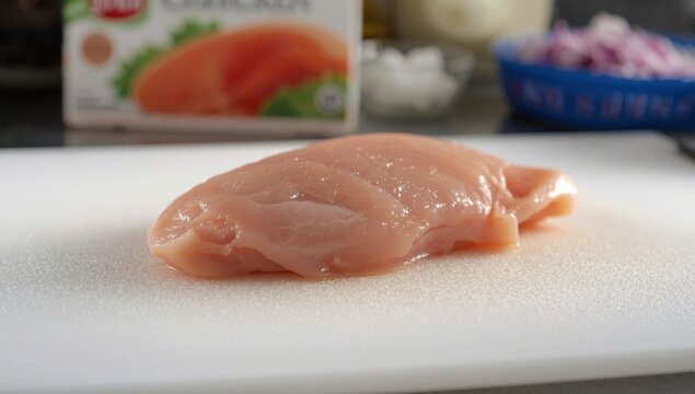 Raw chicken pieces on a white cutting board in the kitchen
