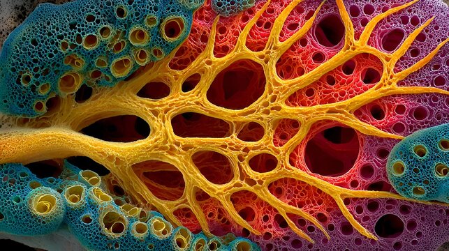 Intricate and vibrant macroscopic view of porous abstract organic structures displaying a network of interconnected holes and textures.