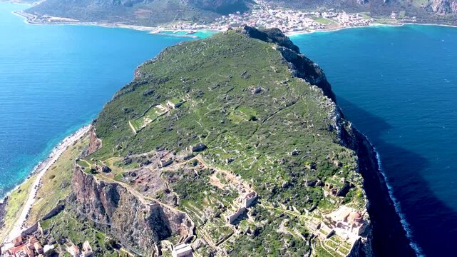 Greece 4K. Monemvasia. Most Beautiful Mediterranean Village. Byzantine Fortress. Rock. Peloponnese