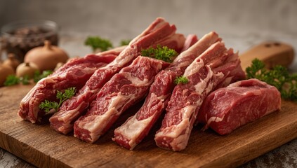 Fototapeta premium Raw red beef or pork bones and ribs with meat on a wooden board, used for broth
