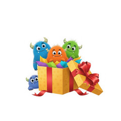 Group of cute monsters peeking out from a colorful gift box isolated on transparent background