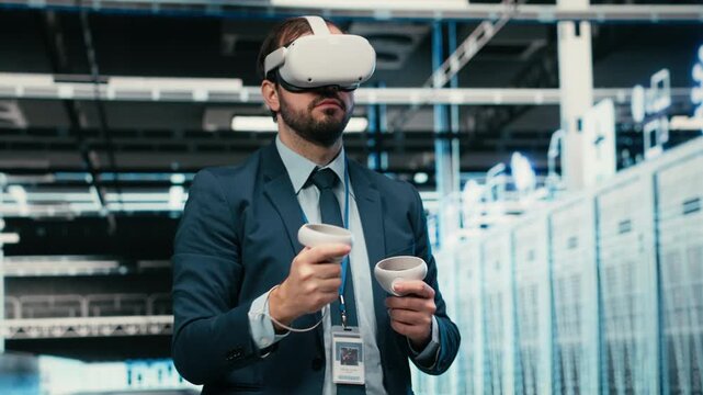 Debugging system errors, VR headset tech and computer scientist in data center. Using virtual reality simulation, wireframe mesh gear and worker in server farm running diagnostics, camera B