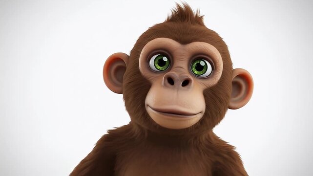 Cheerful cartoon monkey with large green eyes, smiling against a neutral background, ideal for children's media