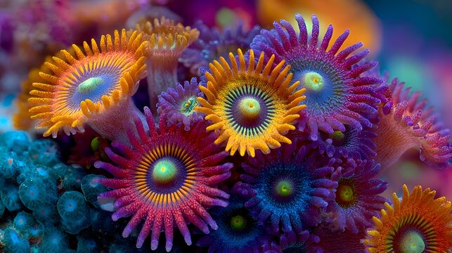 Captivating marine life featu a cluster of vibrant zoanthid corals displaying a kaleidoscope of colors on the ocean floor habitat.
