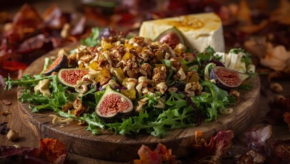 Salad with figs, balsamic cream, honeyed hazelnuts, and baked goat cheese