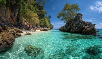 Obraz premium Serene Tropical Cove - Crystal Turquoise Water, Lush Cliffs, and Secluded Rocky Island Paradise.