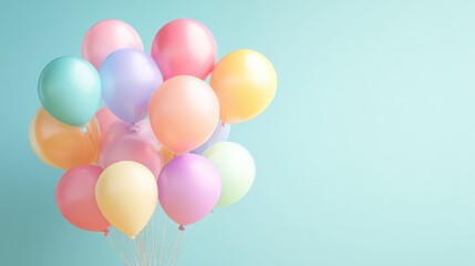 Birthday celebration theme for party event. A vibrant array of pastelcolored balloons floating against a calming blue background, creating a festive atmosphere perfect for a birthday celebration.
