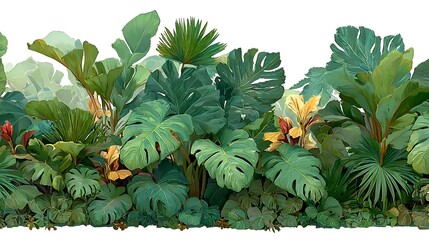 Obraz premium Lush green tropical plants and foliage create a vibrant, natural border perfect for adding an exotic touch to any design or illustration.