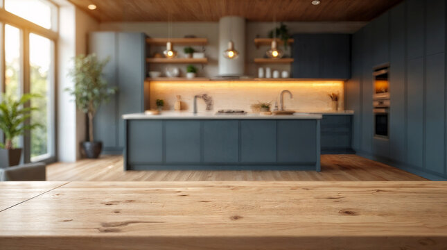 wooden tabletop in foreground with natural wood grain and clean smooth surface and modern kitchen