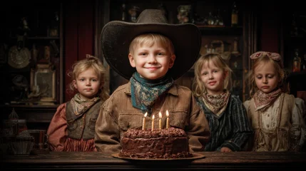 Birthday celebration theme for party event. A young boy wearing a cowboy hat and scarf, seated at a table with a birthday cake adorned with lit candles, surrounded by four other children. © rabbit75_fot
