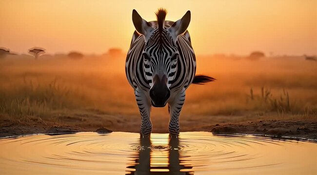 Zebra drinking water at sunset with reflection in a waterhole on the African savanna