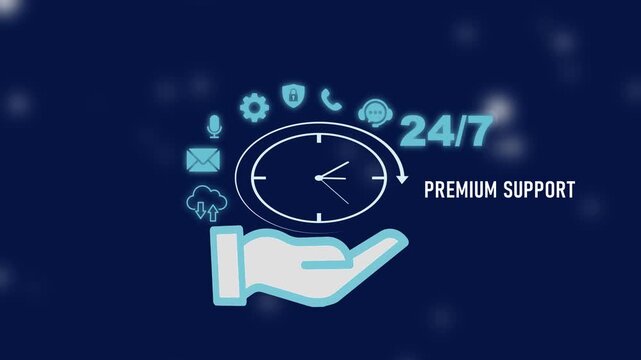 24/7 Support Services with Hand Holding Clock and Various Communication Symbols customer service help desk