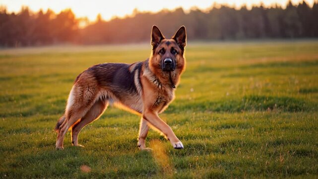 German Shepherd Dog Standing in Field at Sunset Cinematic Motion Stock Footage
