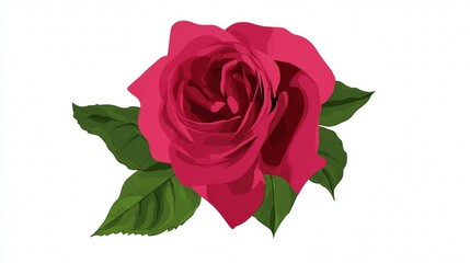 Fototapeta premium Beautiful red rose with green leaves on white background.