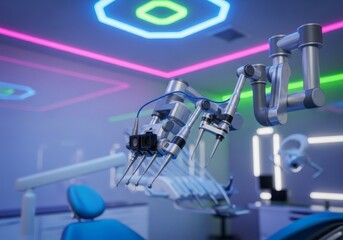 Advanced surgical robotic arm detailed under vibrant neon lighting in a futuristic medical clinic setting, showcasing high-tech dental automation and precision, AI, equipment., cinematic