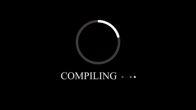 Loading animation with progress bar on black background compiling processing loading buffering.