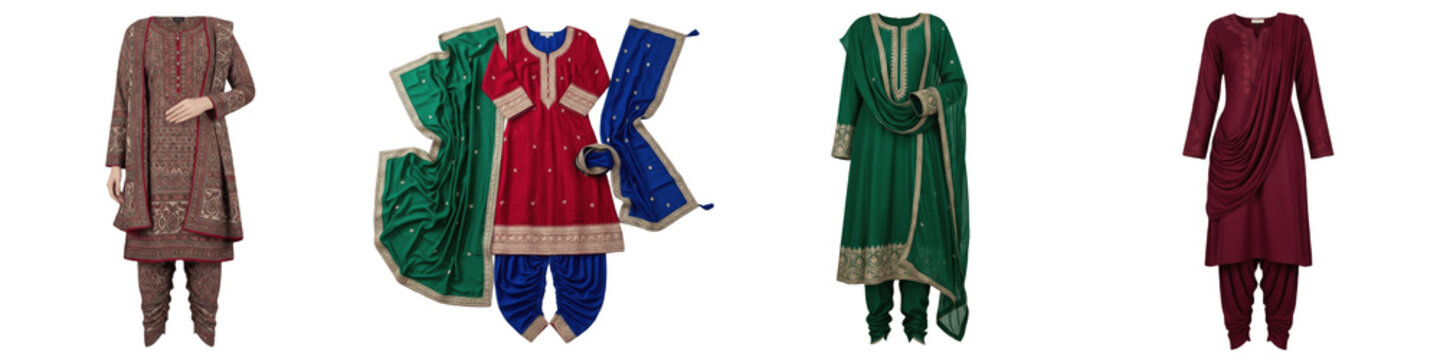 Traditional Indian Salwar Kameez Suit, Punjabi Patiala Dress, Designer Anarkali Kurti, Ethnic Party Wear Outfit, Embroidered Silk Suit, Isolated on White, PNG