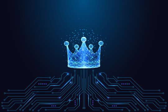 Digital Crown Symbol. Leadership, Success and Achievement in Futuristic Tech Mesh Vector