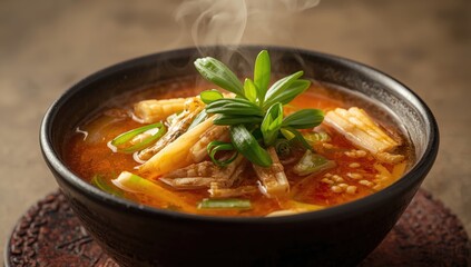 Spicy sour soup with green onions, baby corn, and fresh veggies